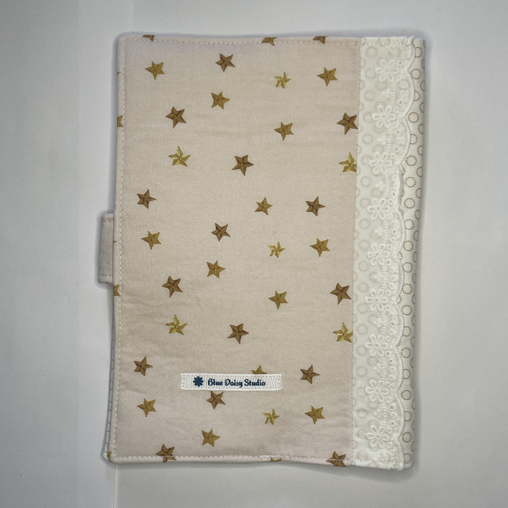 Notebook Cover- Hand Painted Golden Stars on Pale Pink-Fits up to 6x9x1 Book or Notebook With or Without Coil Binding