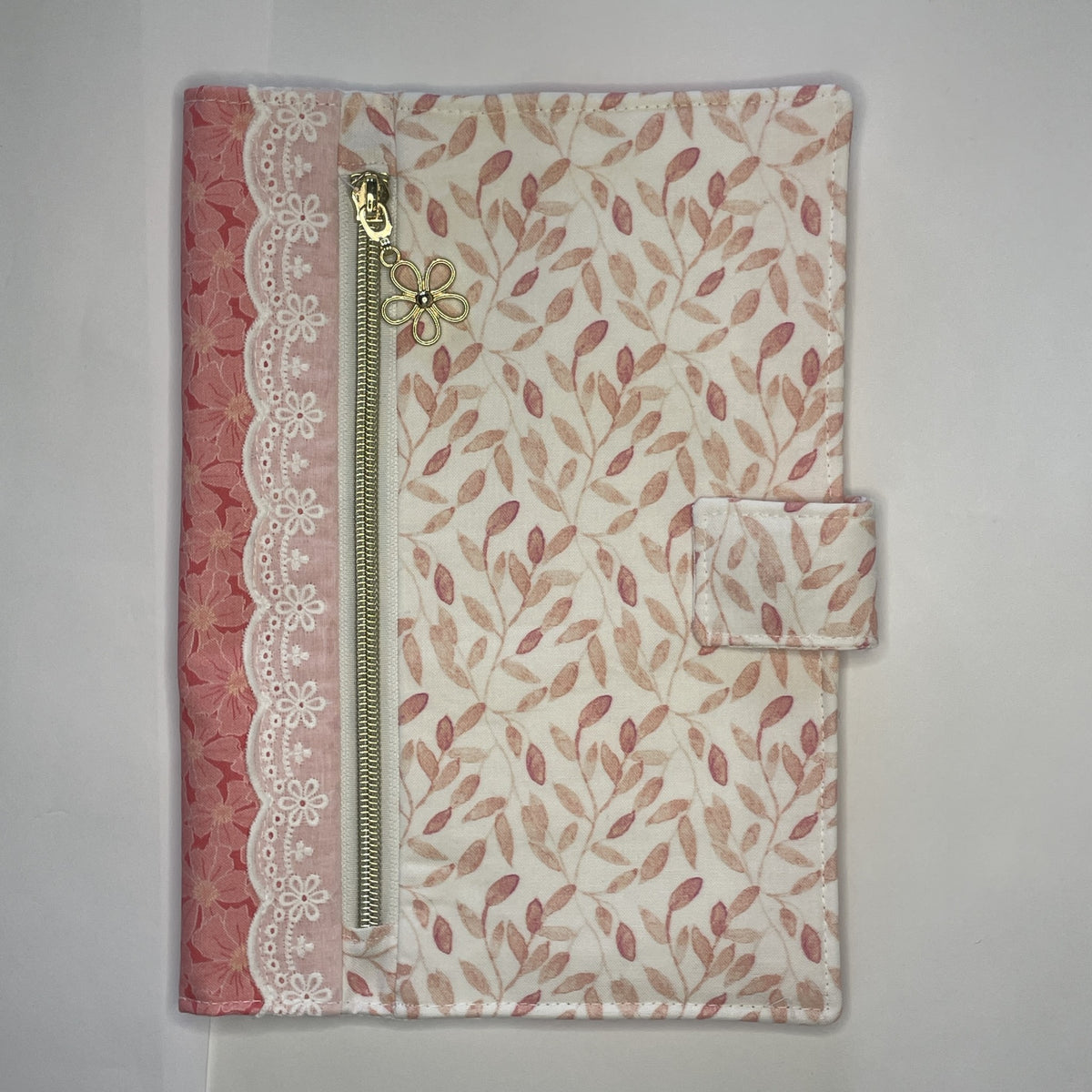 Notebook Cover-Bella Petals Leaf Pattern Pink on White-Fits up to 6x9x1 Book or Notebook With or Without Coil Binding