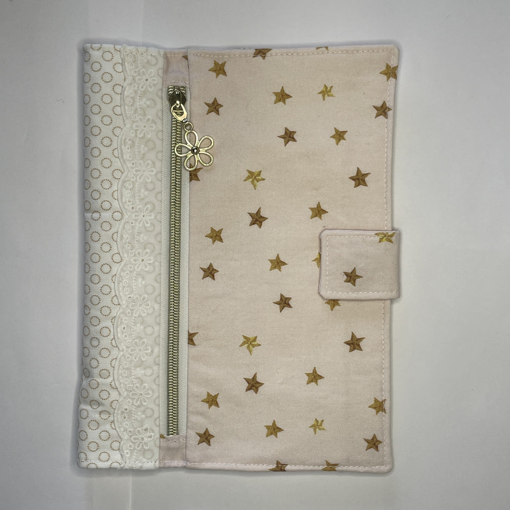Notebook Cover- Hand Painted Golden Stars on Pale Pink-Fits up to 6x9x1 Book or Notebook With or Without Coil Binding