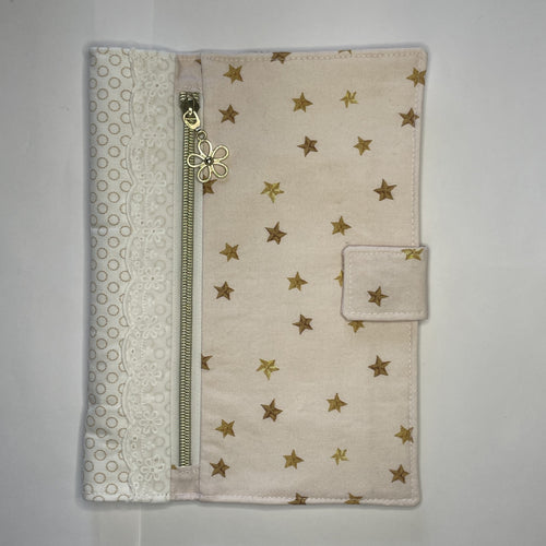 Notebook Cover- Hand Painted Golden Stars on Pale Pink-Fits up to 6x9x1 Book or Notebook With or Without Coil Binding