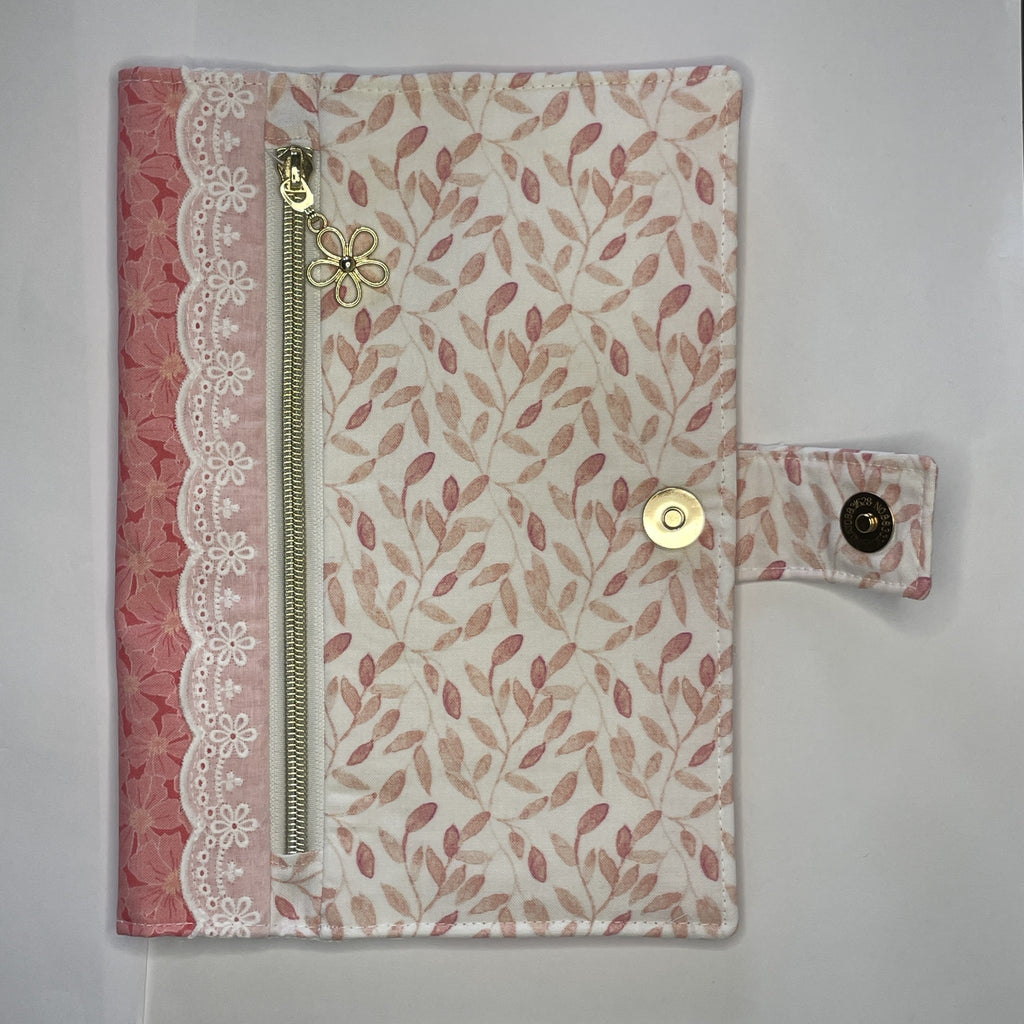 Notebook Cover-Bella Petals Leaf Pattern Pink on White-Fits up to 6x9x1 Book or Notebook With or Without Coil Binding