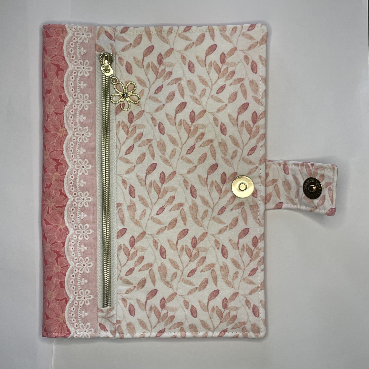 Notebook Cover-Bella Petals Leaf Pattern Pink on White-Fits up to 6x9x1 Book or Notebook With or Without Coil Binding