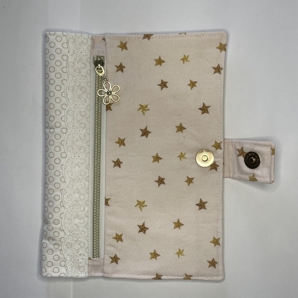 Notebook Cover- Hand Painted Golden Stars on Pale Pink-Fits up to 6x9x1 Book or Notebook With or Without Coil Binding