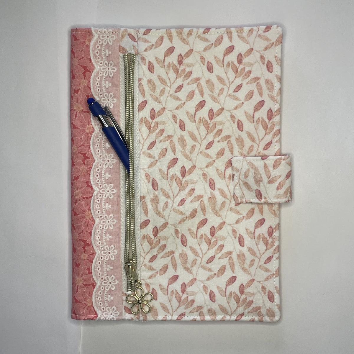 Notebook Cover-Bella Petals Leaf Pattern Pink on White-Fits up to 6x9x1 Book or Notebook With or Without Coil Binding