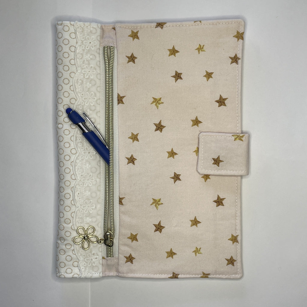 Notebook Cover- Hand Painted Golden Stars on Pale Pink-Fits up to 6x9x1 Book or Notebook With or Without Coil Binding
