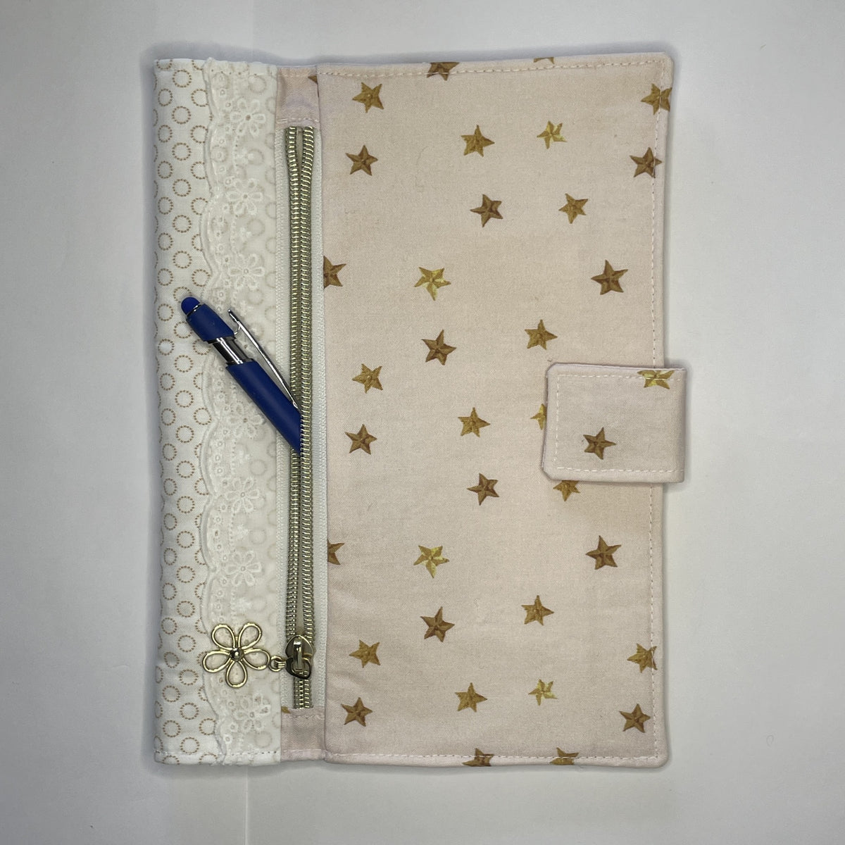 Notebook Cover- Hand Painted Golden Stars on Pale Pink-Fits up to 6x9x1 Book or Notebook With or Without Coil Binding