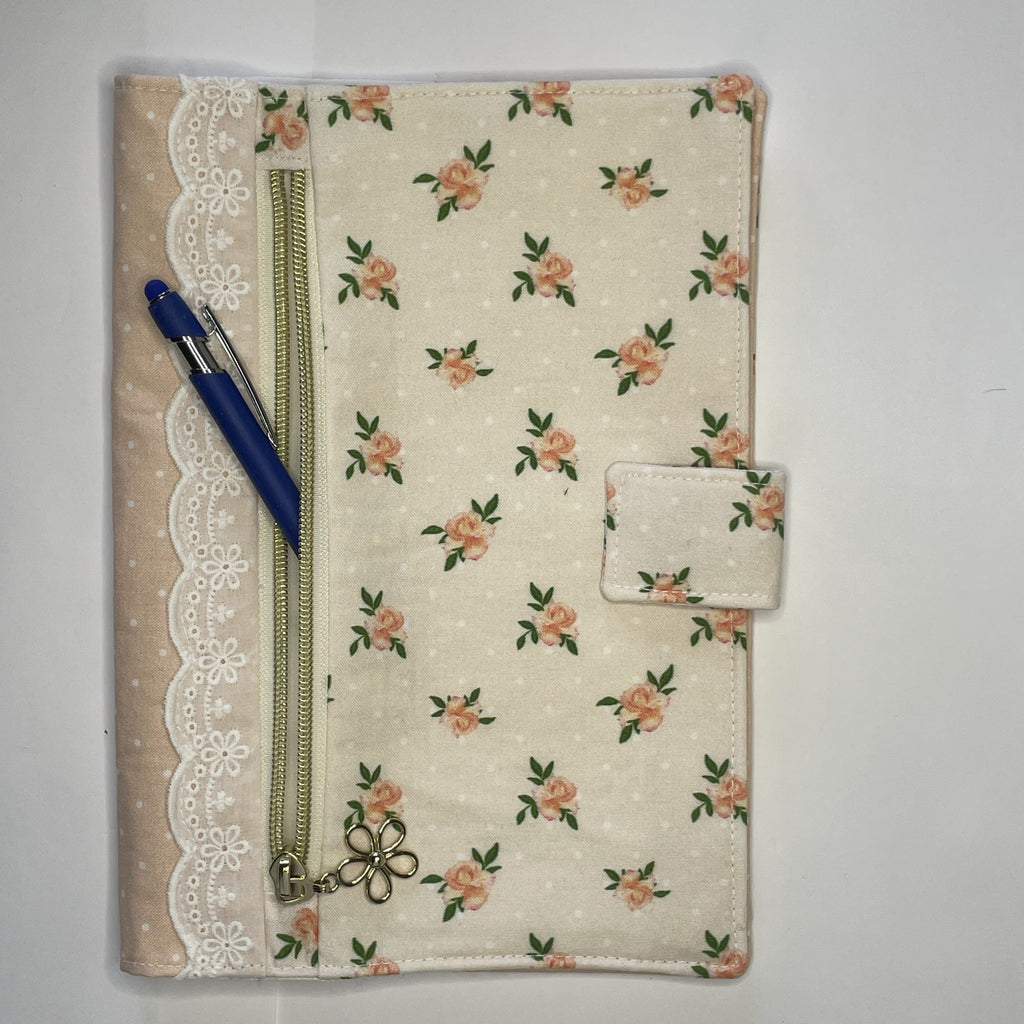Notebook Cover-Peach Rose Pattern on Pale Peach-Fits up to 6x9x1 Book or Notebook With or Without Coil Binding