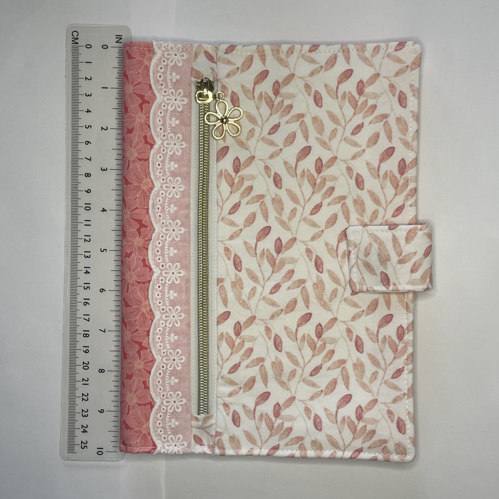 Notebook Cover-Bella Petals Leaf Pattern Pink on White-Fits up to 6x9x1 Book or Notebook With or Without Coil Binding