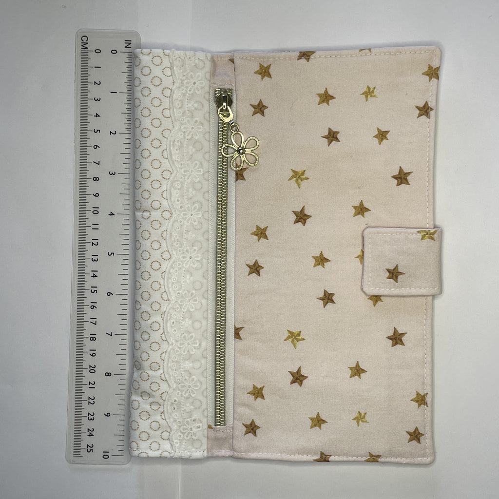 Notebook Cover- Hand Painted Golden Stars on Pale Pink-Fits up to 6x9x1 Book or Notebook With or Without Coil Binding