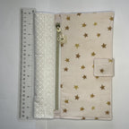 Notebook Cover- Hand Painted Golden Stars on Pale Pink-Fits up to 6x9x1 Book or Notebook With or Without Coil Binding