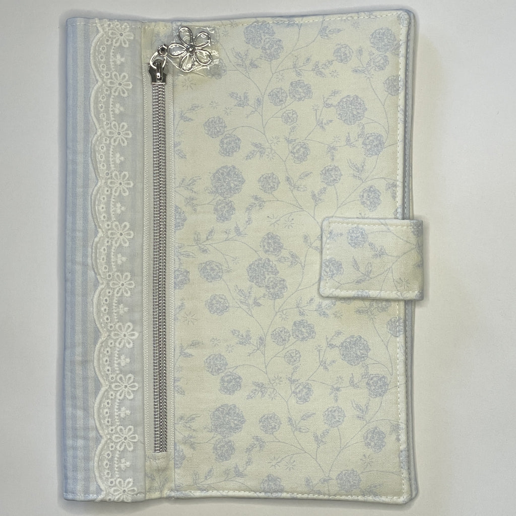 Notebook Cover-Rose Vine Sketch Floral Pattern Blue on Ivory-Fits up to 6x9x1 Book or Notebook With or Without Coil Binding