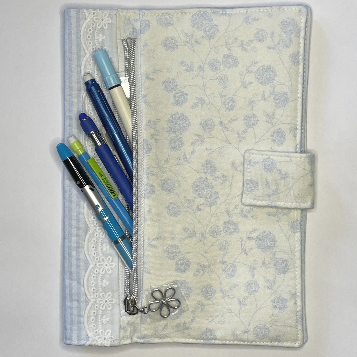 Notebook Cover-Rose Vine Sketch Floral Pattern Blue on Ivory-Fits up to 6x9x1 Book or Notebook With or Without Coil Binding