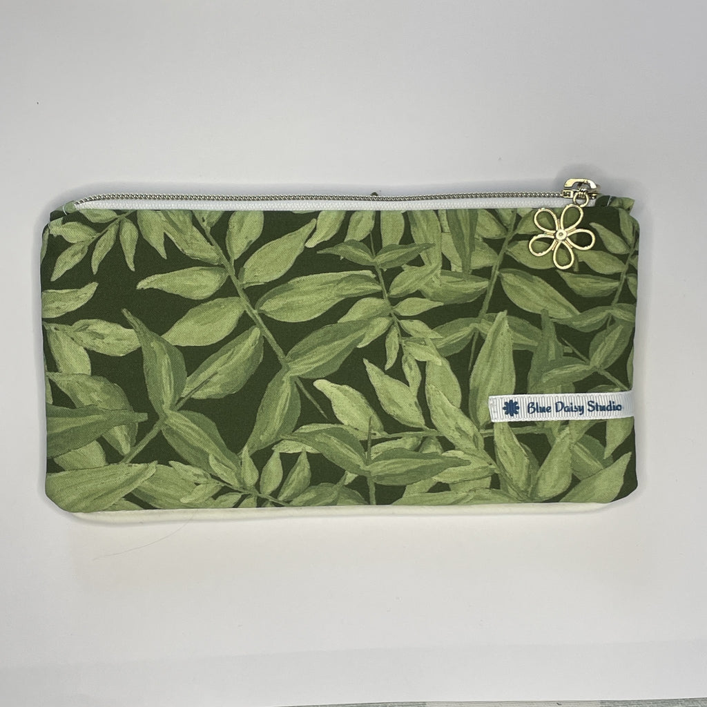 Pencil Case-2 Sections-Jungle Aria Petals Green Leaves on Dark Green-8.5"x4.25"