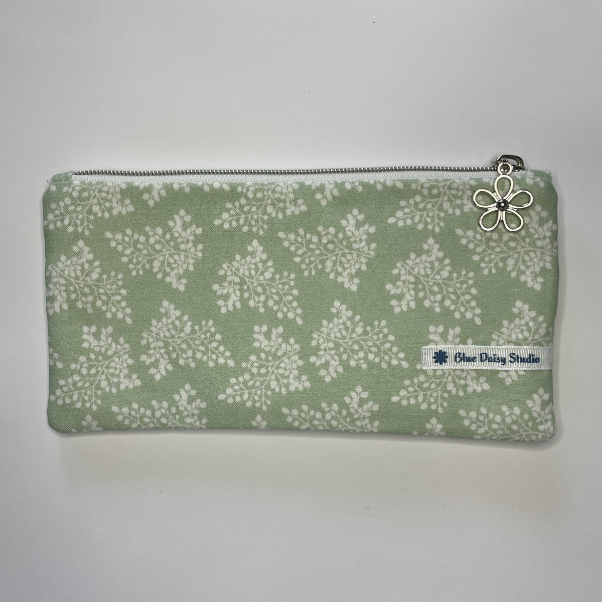 Pencil Case-2 Sections-Huckleberry Branches White on Green-8.5"x4.25"