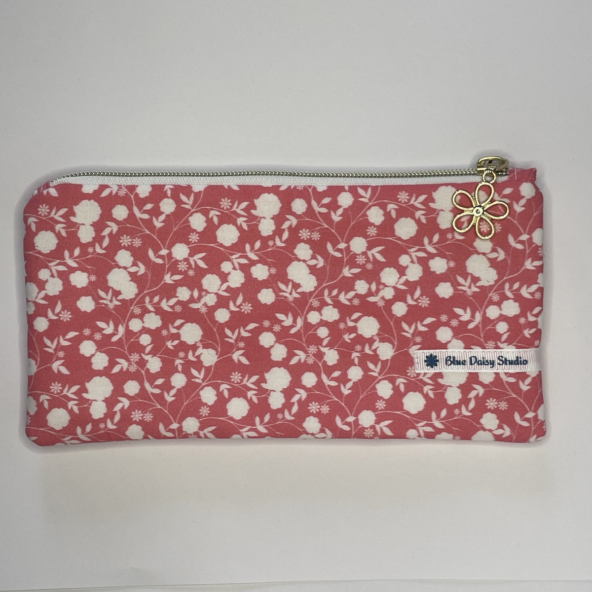 Pencil Case-2 Sections-Rose Floral Vine Pattern White on Dark Pink-8.5"x4.25"