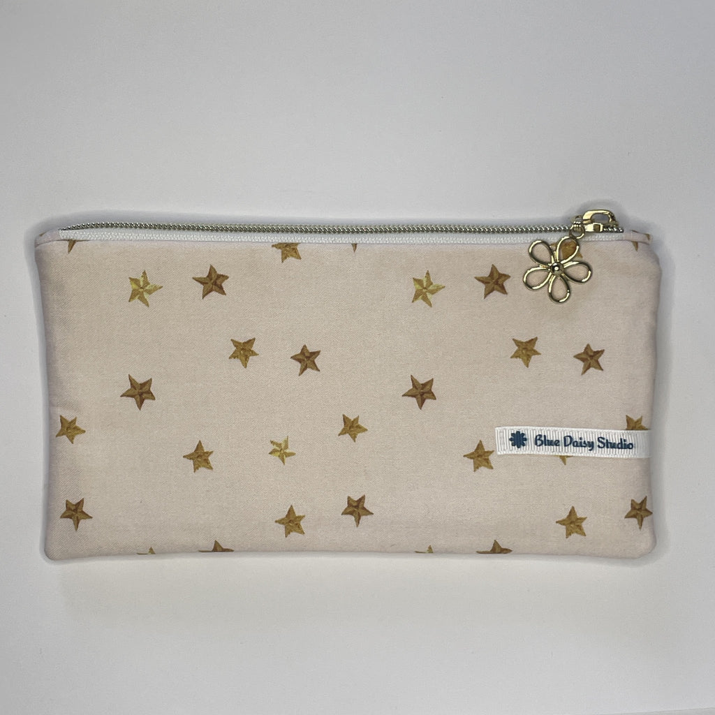 Pencil Case-2 Sections-Golden Stars Pattern on Pale Pink-8.5"x4.25"