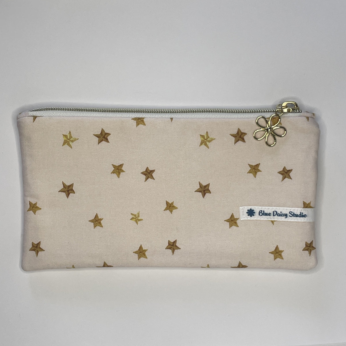 Pencil Case-2 Sections-Golden Stars Pattern on Pale Pink-8.5"x4.25"