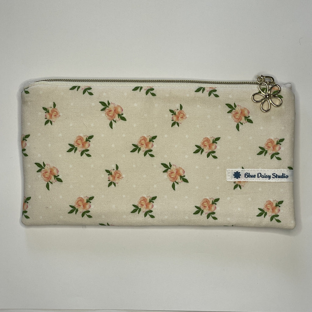 Pencil Case-2 Sections-Vintage Peach Roses on Pale Peach-8.5"x4.25"