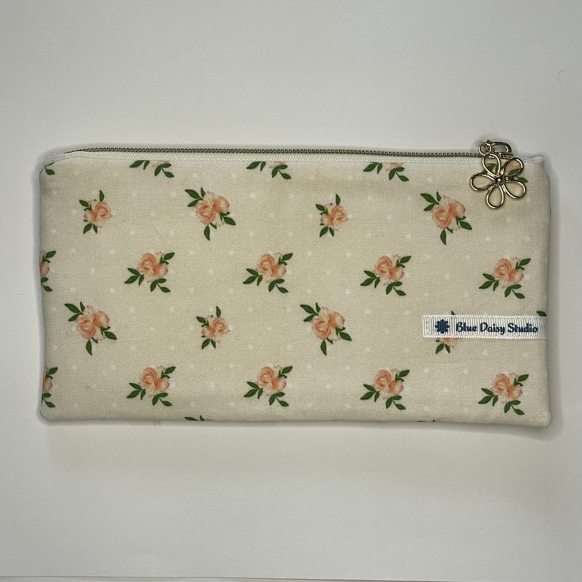 Pencil Case-2 Sections-Vintage Peach Roses on Pale Peach-8.5"x4.25"