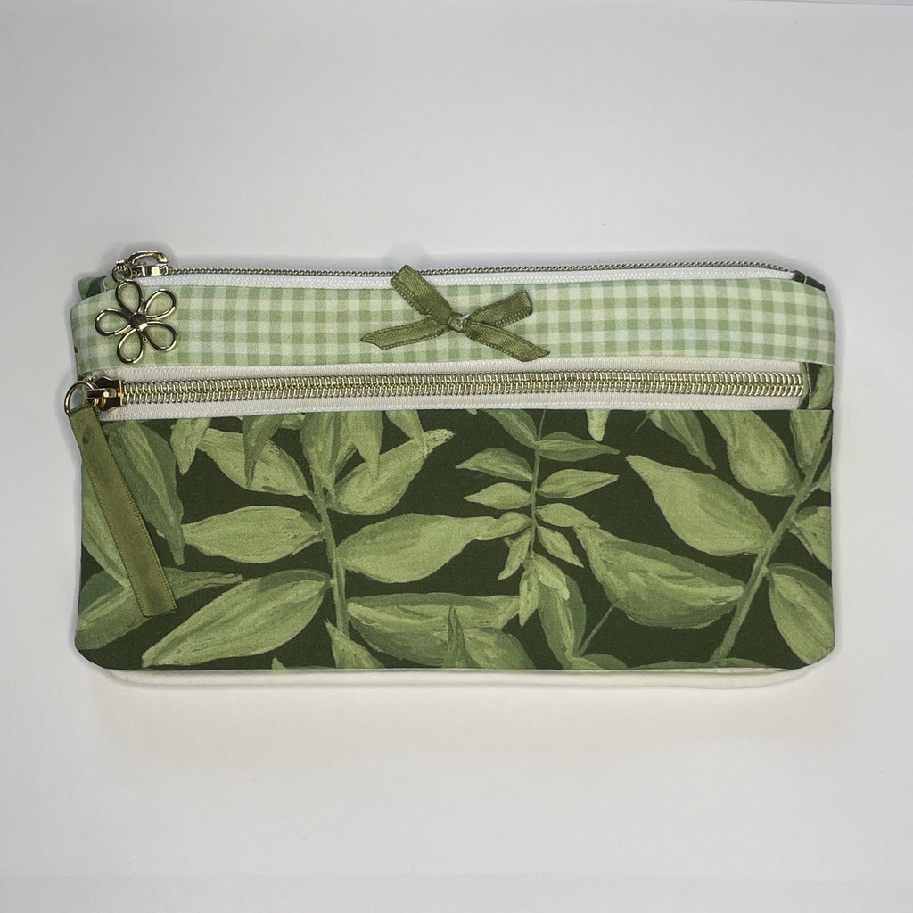 Pencil Case-2 Sections-Jungle Aria Petals Green Leaves on Dark Green-8.5"x4.25"