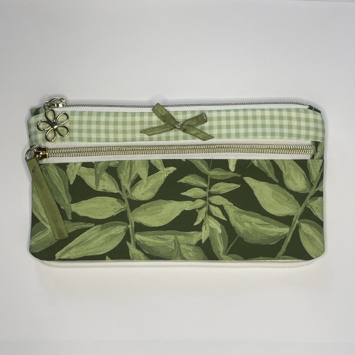Pencil Case-2 Sections-Jungle Aria Petals Green Leaves on Dark Green-8.5"x4.25"