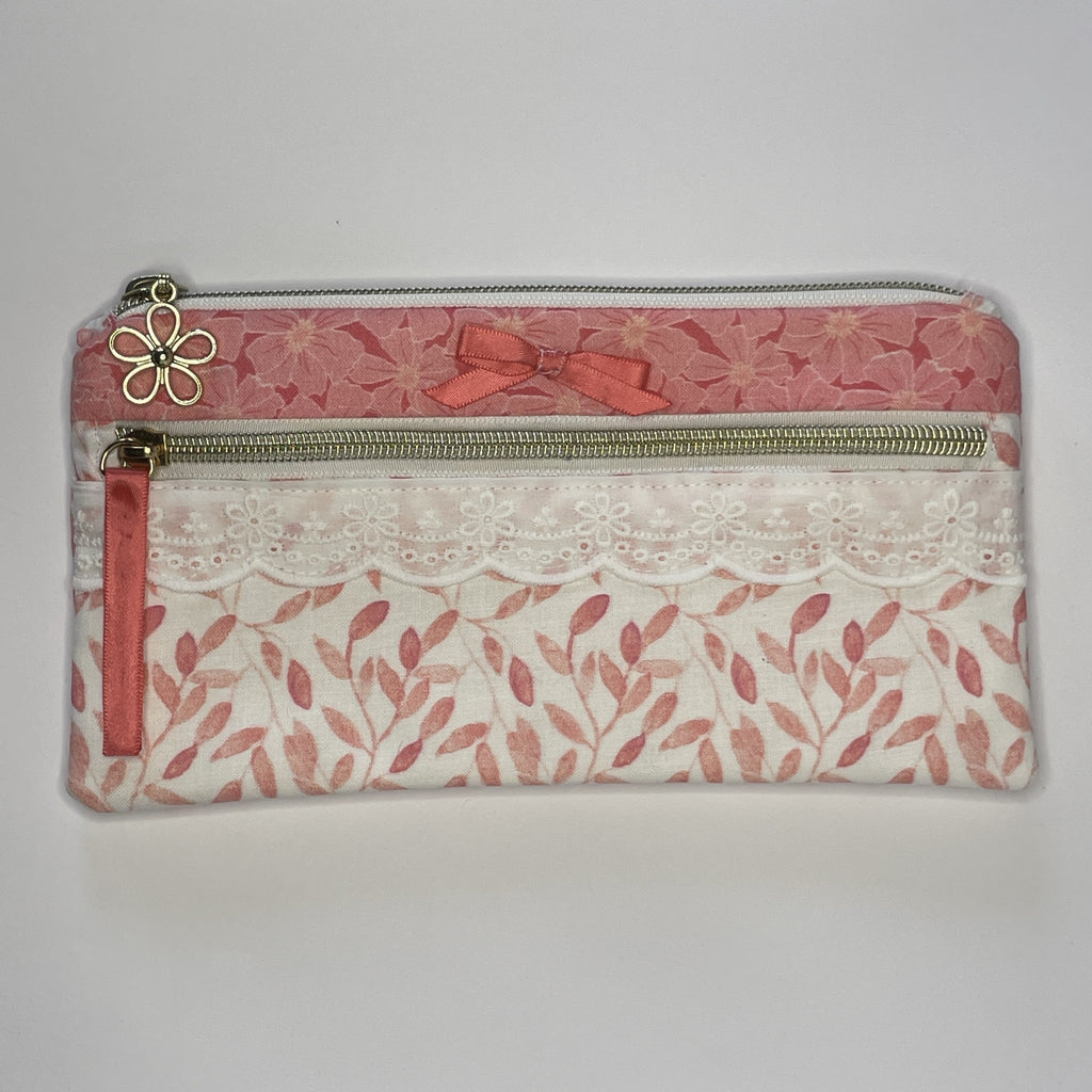 Pencil Case-2 Sections-Bella Petals Leaf Pink on White-8.5"x4.25"