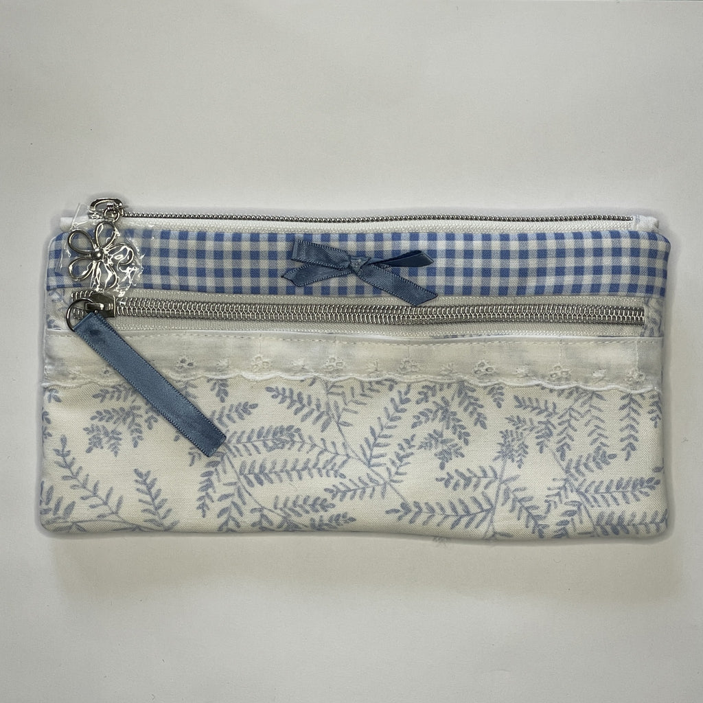 Pencil Case-2 Sections-Woodland Fern Blue on White-8.5"x4.25"
