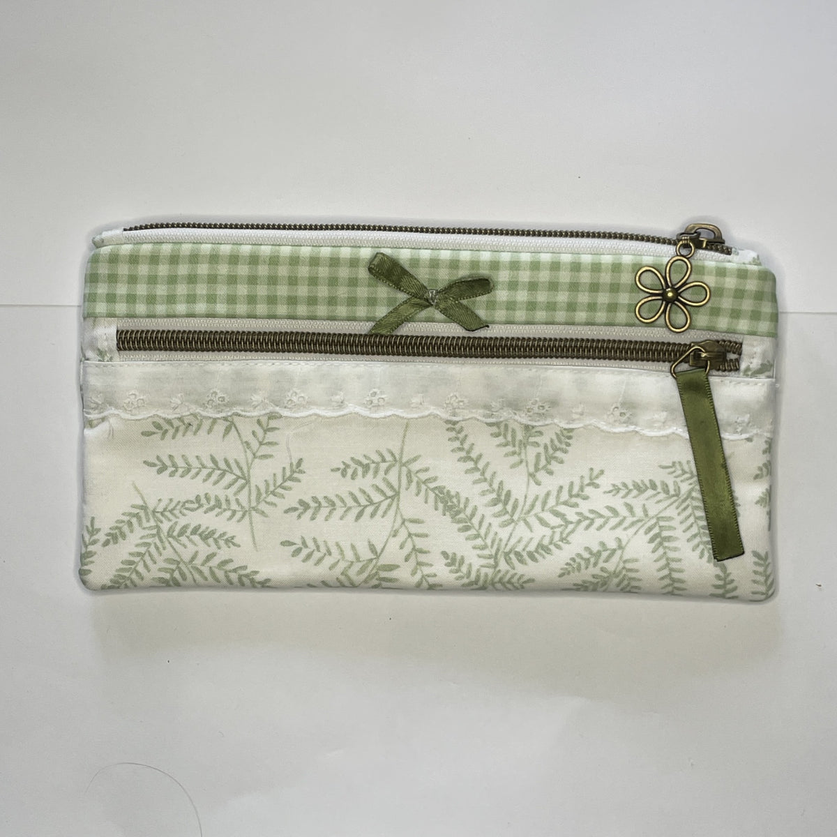 Pencil Case-2 Sections-Woodland Fern Green on White-8.5"x4.25"