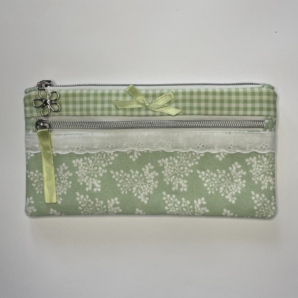 Pencil Case-2 Sections-Huckleberry Branches White on Green-8.5"x4.25"