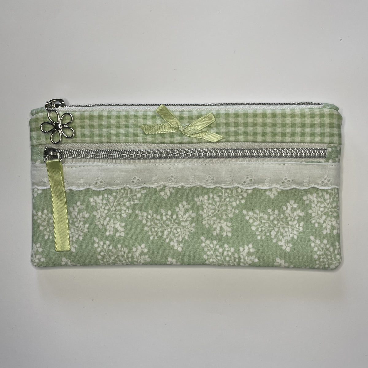 Pencil Case-2 Sections-Huckleberry Branches White on Green-8.5"x4.25"