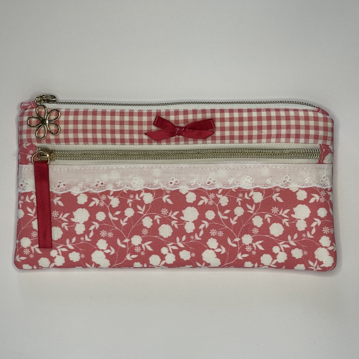 Pencil Case-2 Sections-Rose Floral Vine Pattern White on Dark Pink-8.5"x4.25"