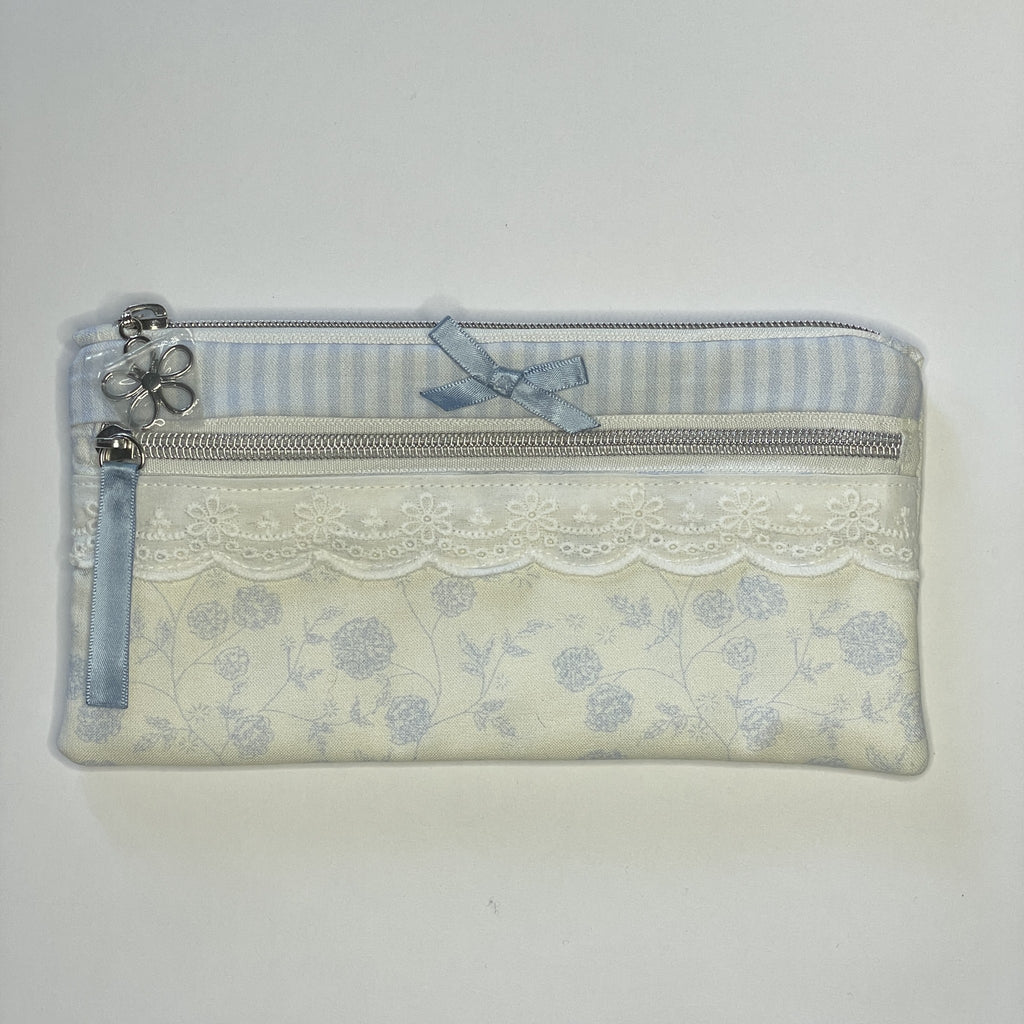 Pencil Case-2 Sections-Rose Floral Sketchy Vine Pattern Blue on Ivory-8.5"x4.25"