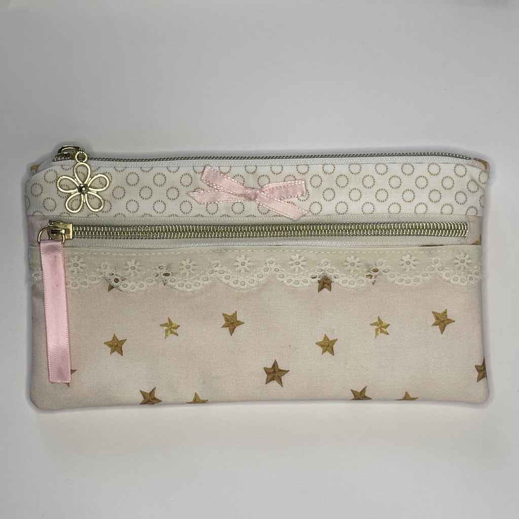 Pencil Case-2 Sections-Golden Stars Pattern on Pale Pink-8.5"x4.25"