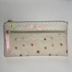 Pencil Case-2 Sections-Golden Stars Pattern on Pale Pink-8.5"x4.25"