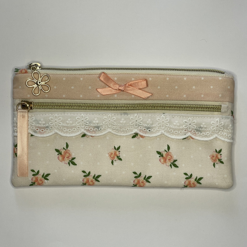 Pencil Case-2 Sections-Vintage Peach Roses on Pale Peach-8.5"x4.25"