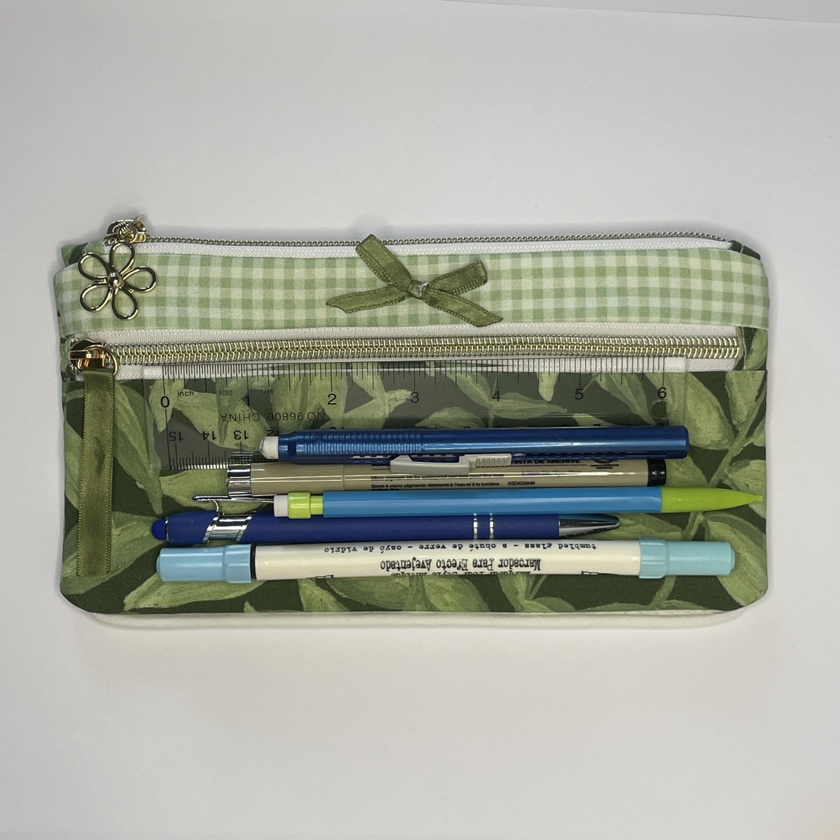 Pencil Case-2 Sections-Jungle Aria Petals Green Leaves on Dark Green-8.5"x4.25"