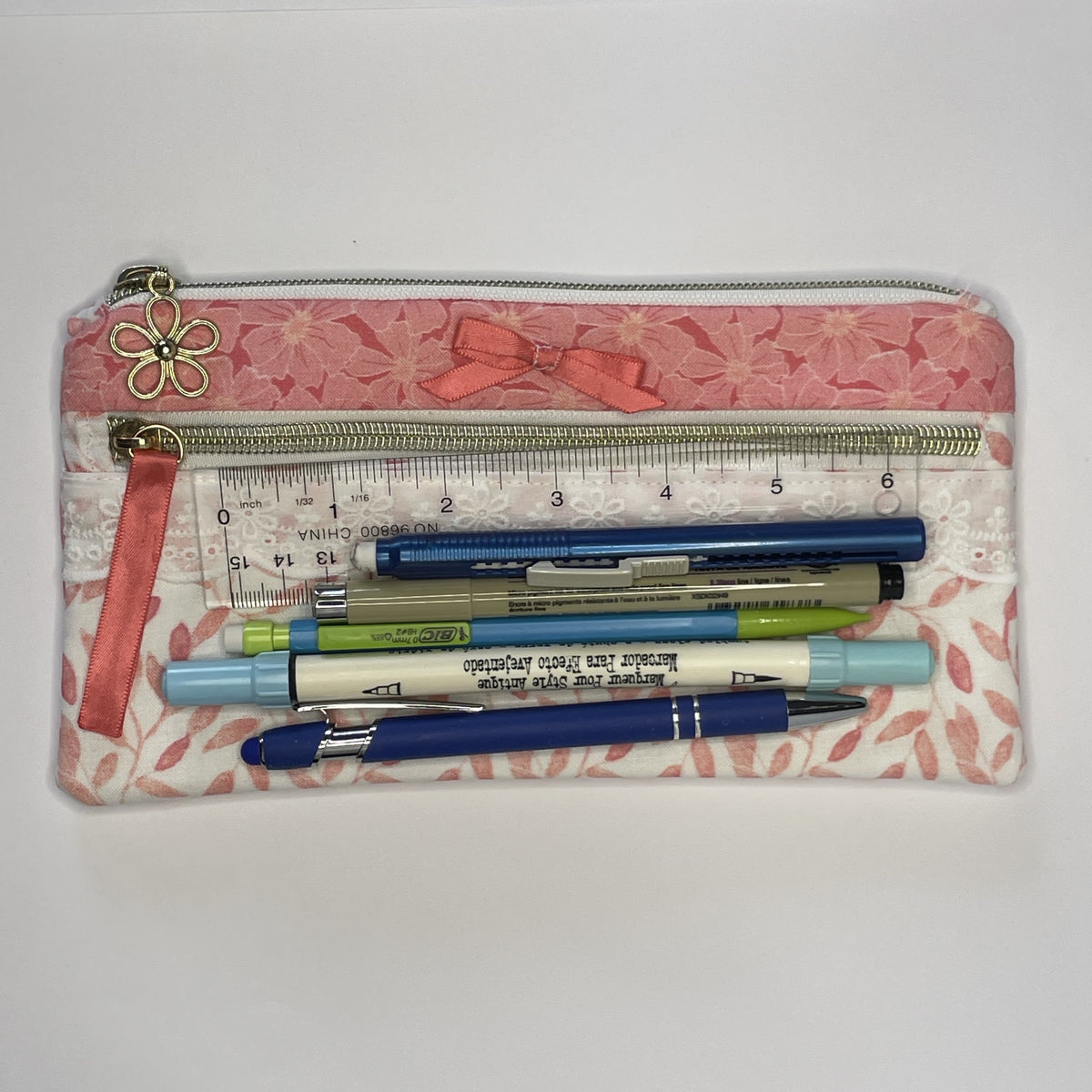 Pencil Case-2 Sections-Bella Petals Leaf Pink on White-8.5"x4.25"