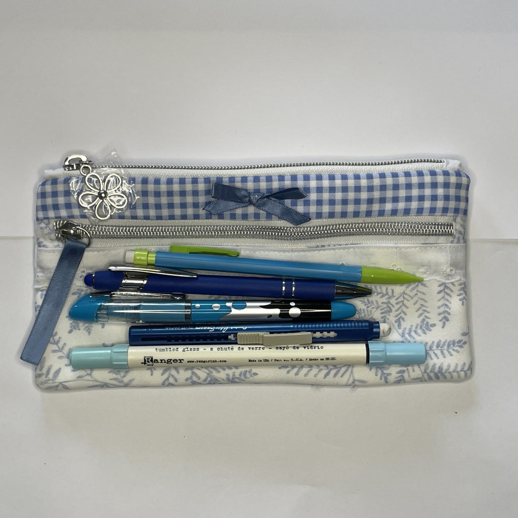 Pencil Case-2 Sections-Woodland Fern Blue on White-8.5"x4.25"