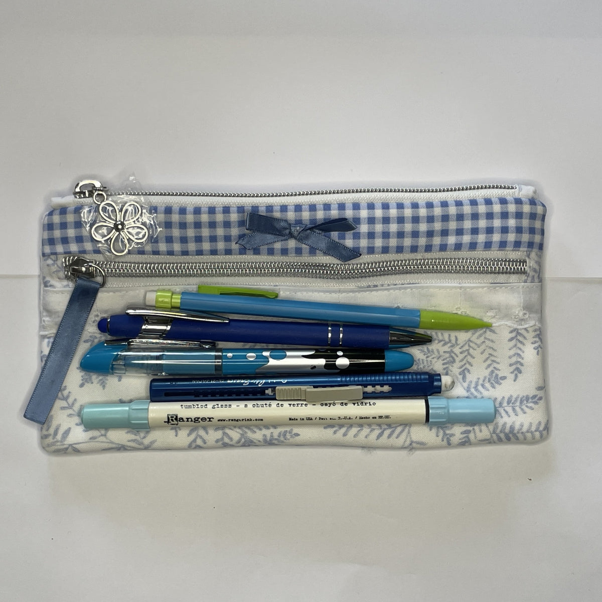 Pencil Case-2 Sections-Woodland Fern Blue on White-8.5"x4.25"