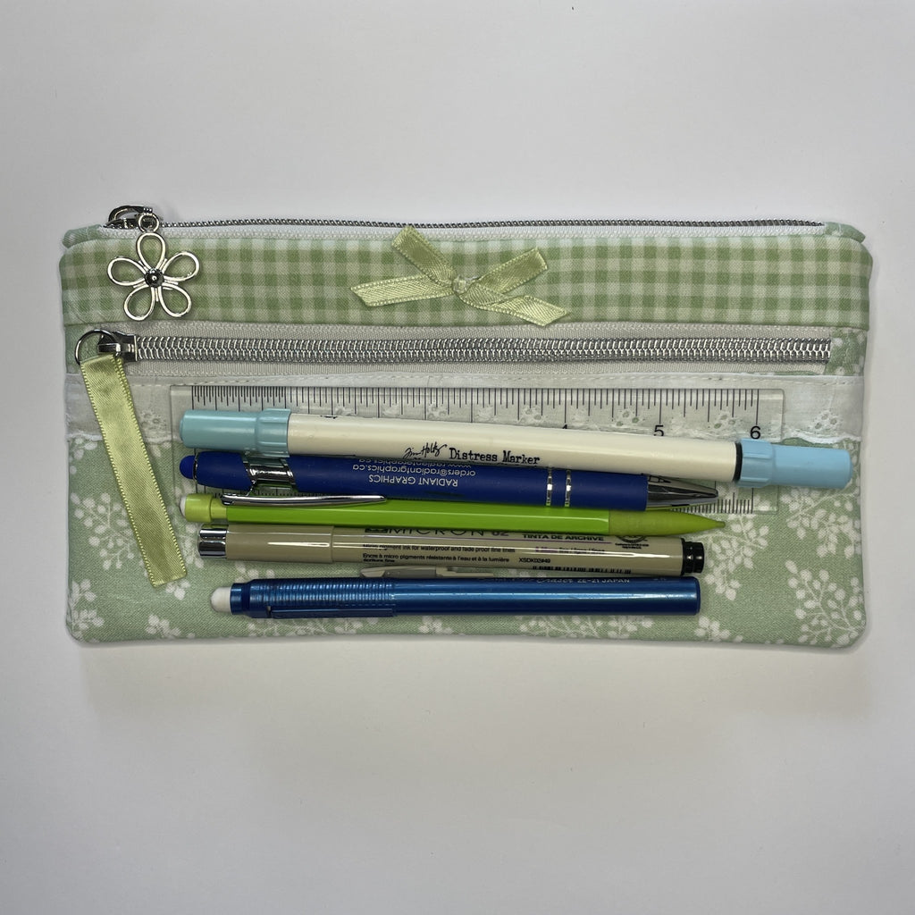 Pencil Case-2 Sections-Huckleberry Branches White on Green-8.5"x4.25"