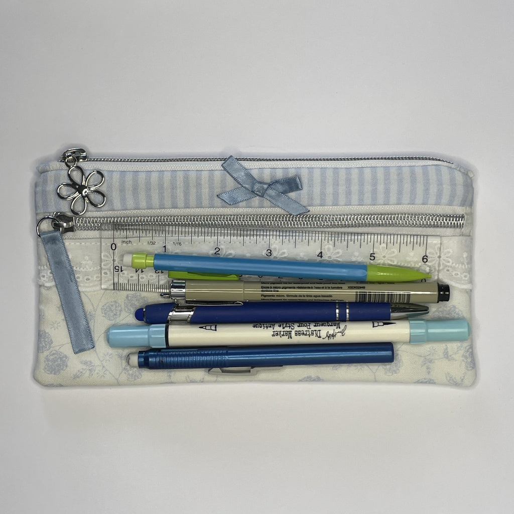 Pencil Case-2 Sections-Rose Floral Sketchy Vine Pattern Blue on Ivory-8.5"x4.25"