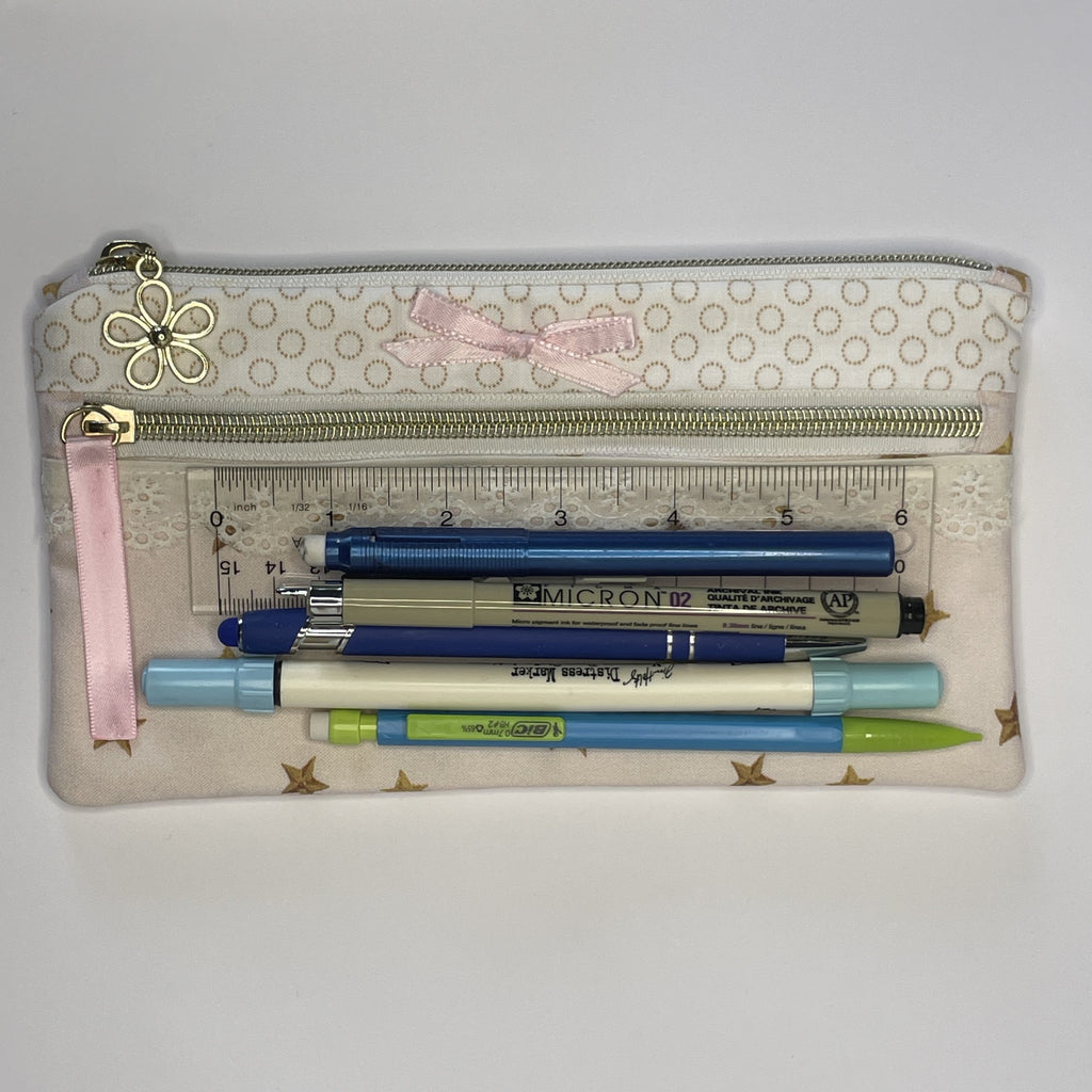 Pencil Case-2 Sections-Golden Stars Pattern on Pale Pink-8.5"x4.25"