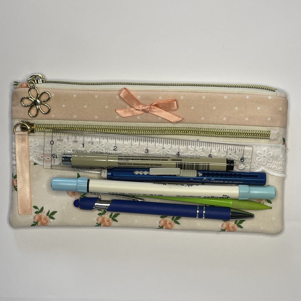 Pencil Case-2 Sections-Vintage Peach Roses on Pale Peach-8.5"x4.25"