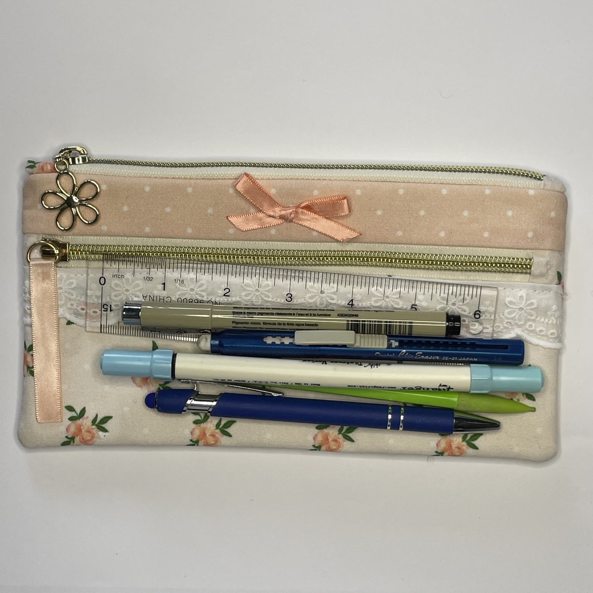 Pencil Case-2 Sections-Vintage Peach Roses on Pale Peach-8.5"x4.25"