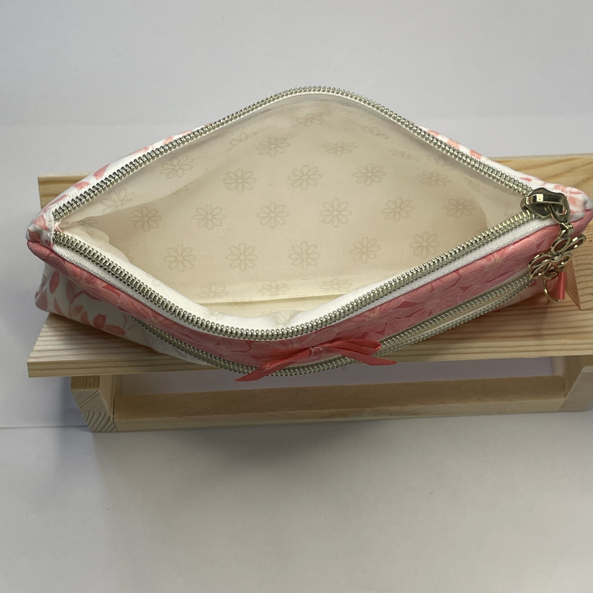 Pencil Case-2 Sections-Bella Petals Leaf Pink on White-8.5"x4.25"