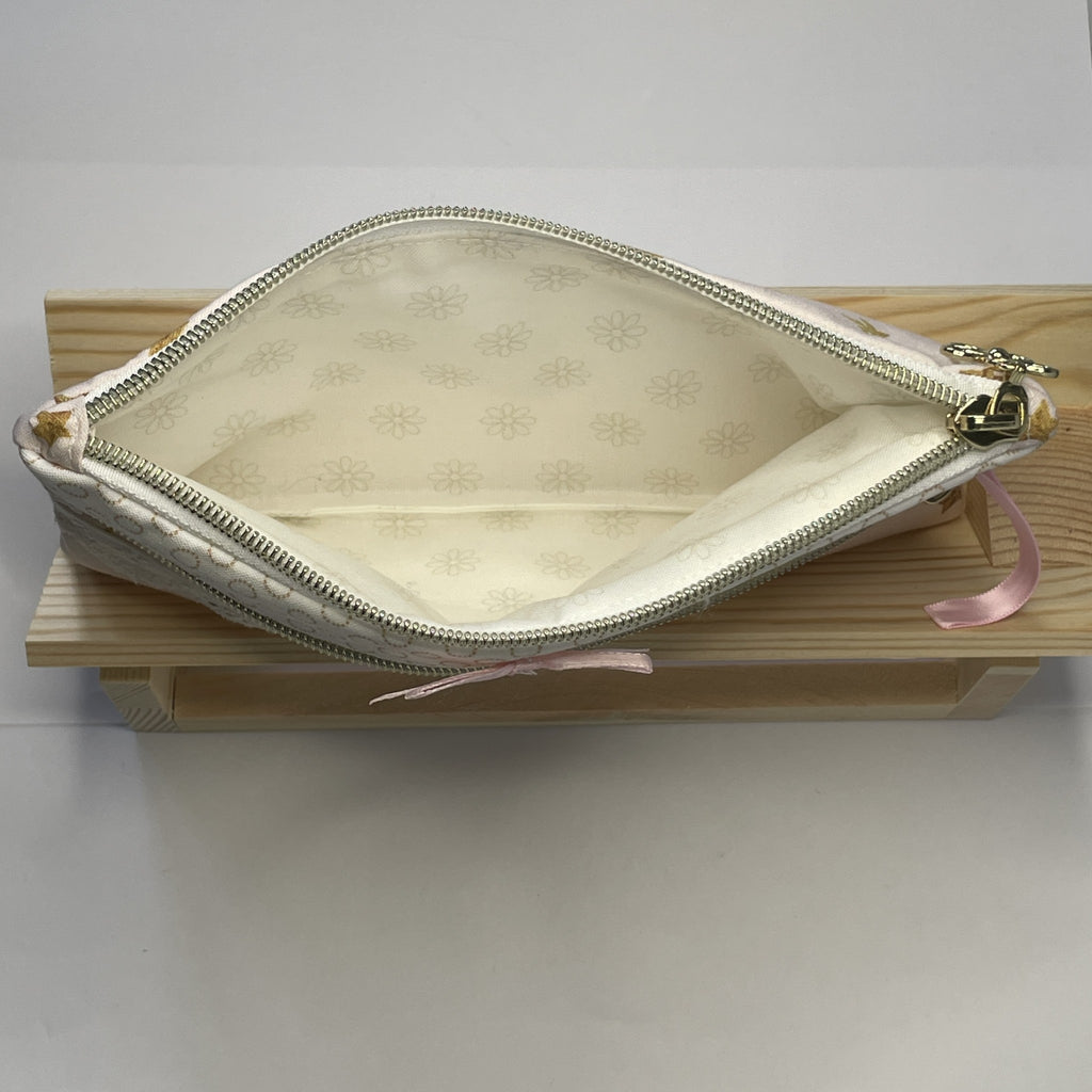 Pencil Case-2 Sections-Golden Stars Pattern on Pale Pink-8.5"x4.25"