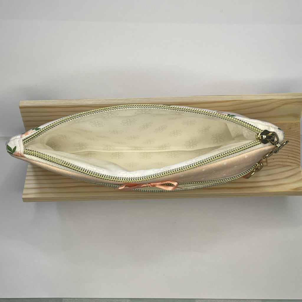 Pencil Case-2 Sections-Vintage Peach Roses on Pale Peach-8.5"x4.25"
