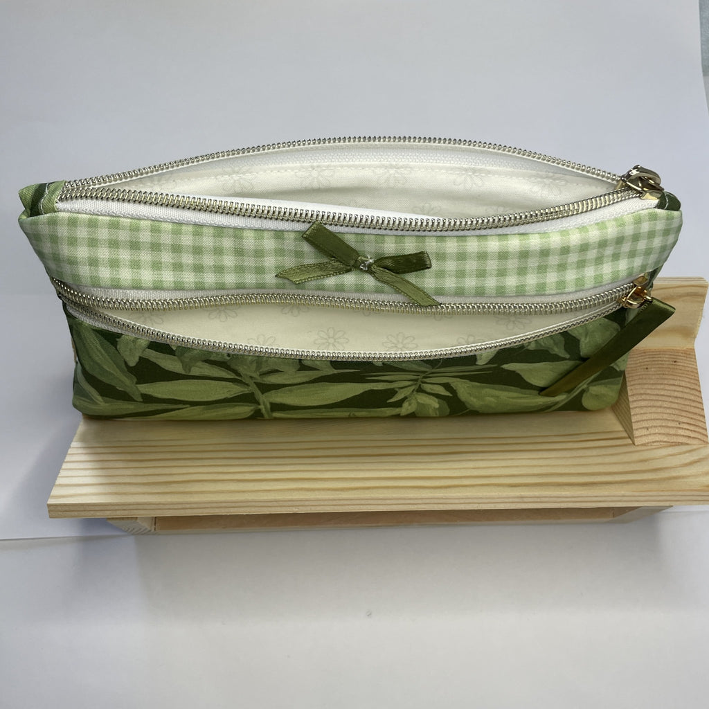 Pencil Case-2 Sections-Jungle Aria Petals Green Leaves on Dark Green-8.5"x4.25"