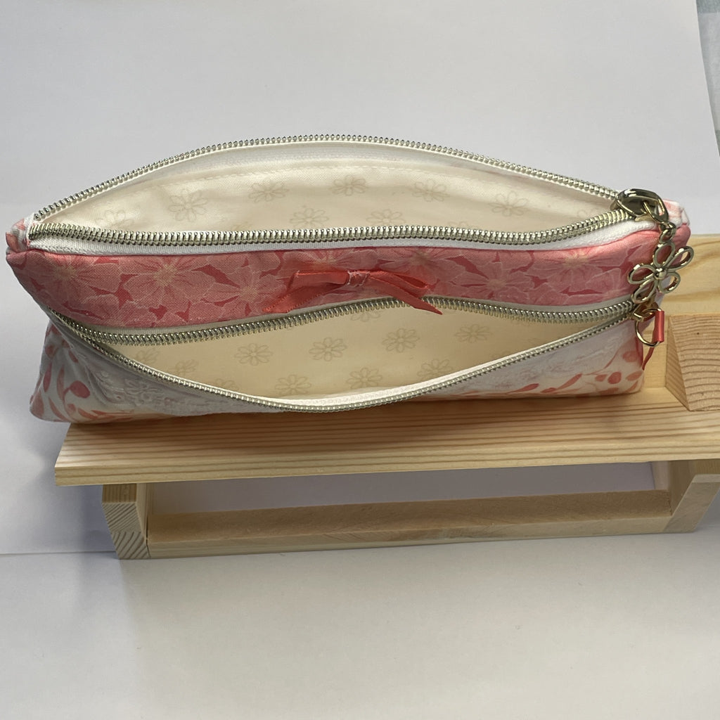 Pencil Case-2 Sections-Bella Petals Leaf Pink on White-8.5"x4.25"