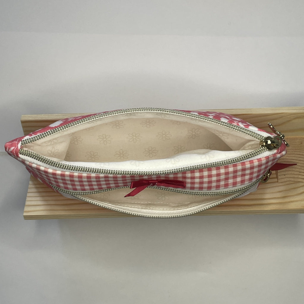 Pencil Case-2 Sections-Rose Floral Vine Pattern White on Dark Pink-8.5"x4.25"